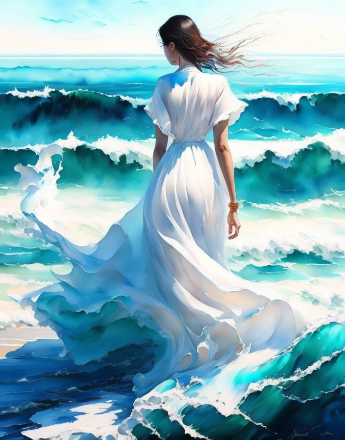 Woman in flowing white dress by the sea with hair blowing in the wind