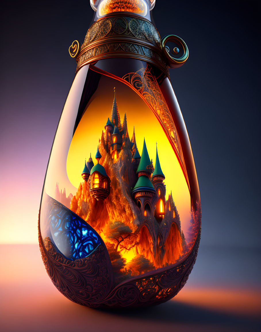 Decorative glass bottle with miniature fantasy world and fiery sky