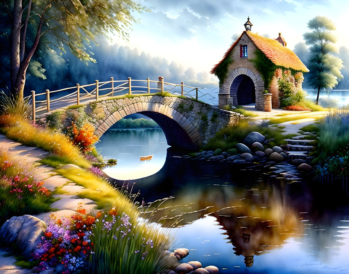 Tranquil river with stone bridge, boat, cottage, lush trees