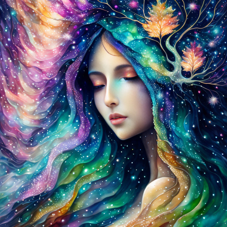 Surreal portrait: woman with galaxy-inspired hair and autumn leaves