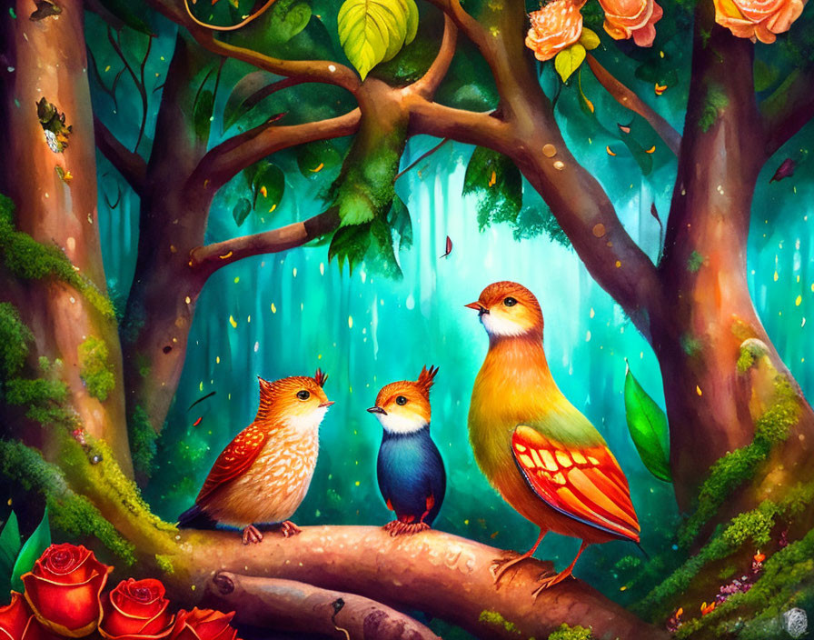 Colorful Illustration of Three Birds on Branch in Enchanted Forest