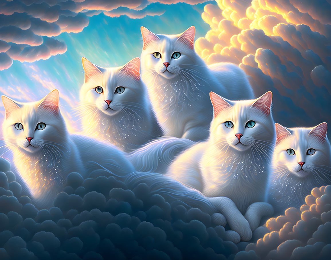 Five white cats with blue eyes on golden cloud sky.