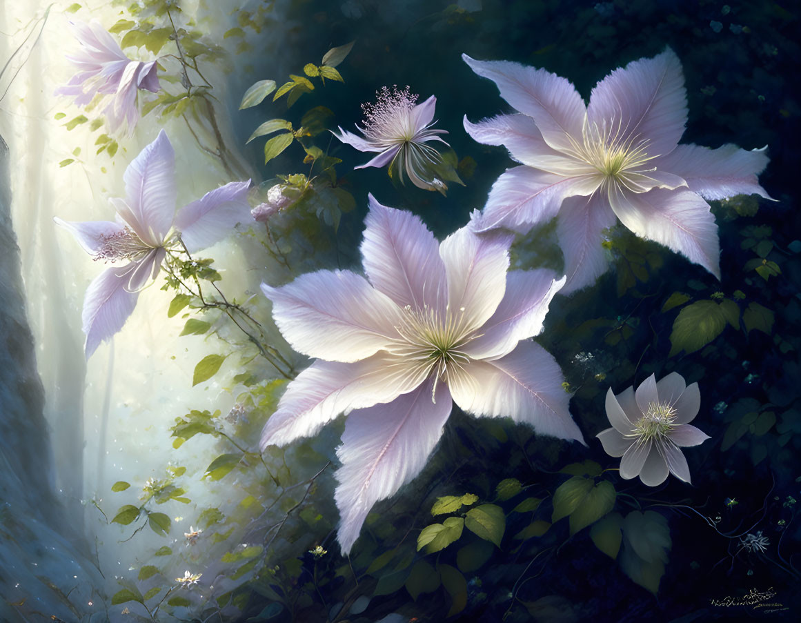 Soft purple clematis flowers in sunlit forest with green foliage