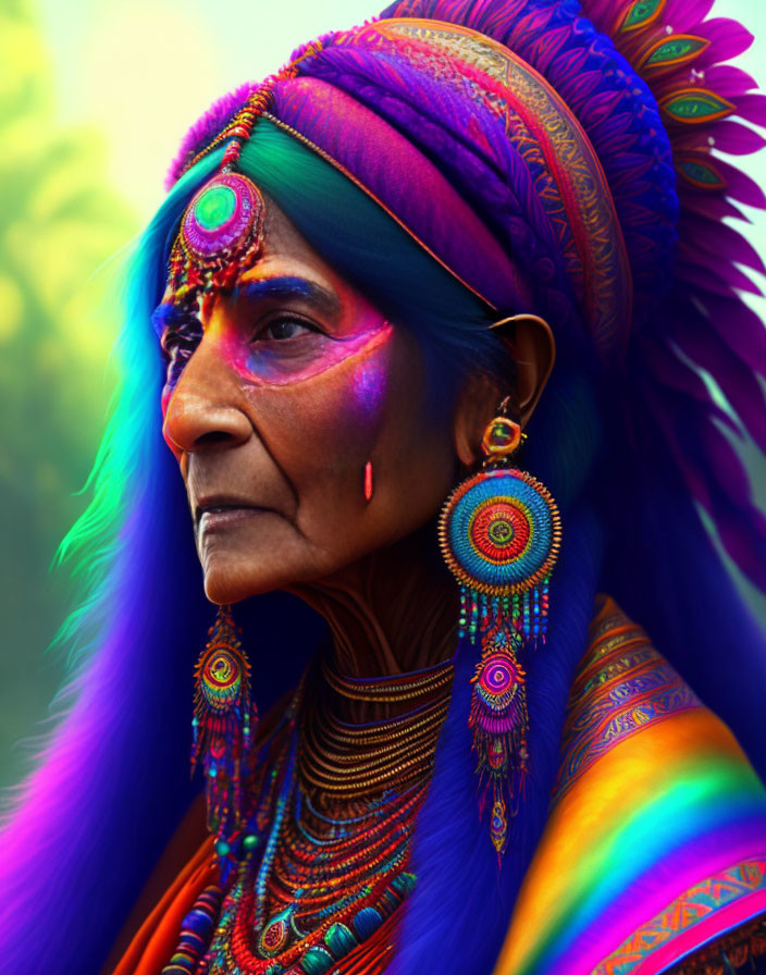 Colorful Portrait of Elderly Woman in Indigenous Attire