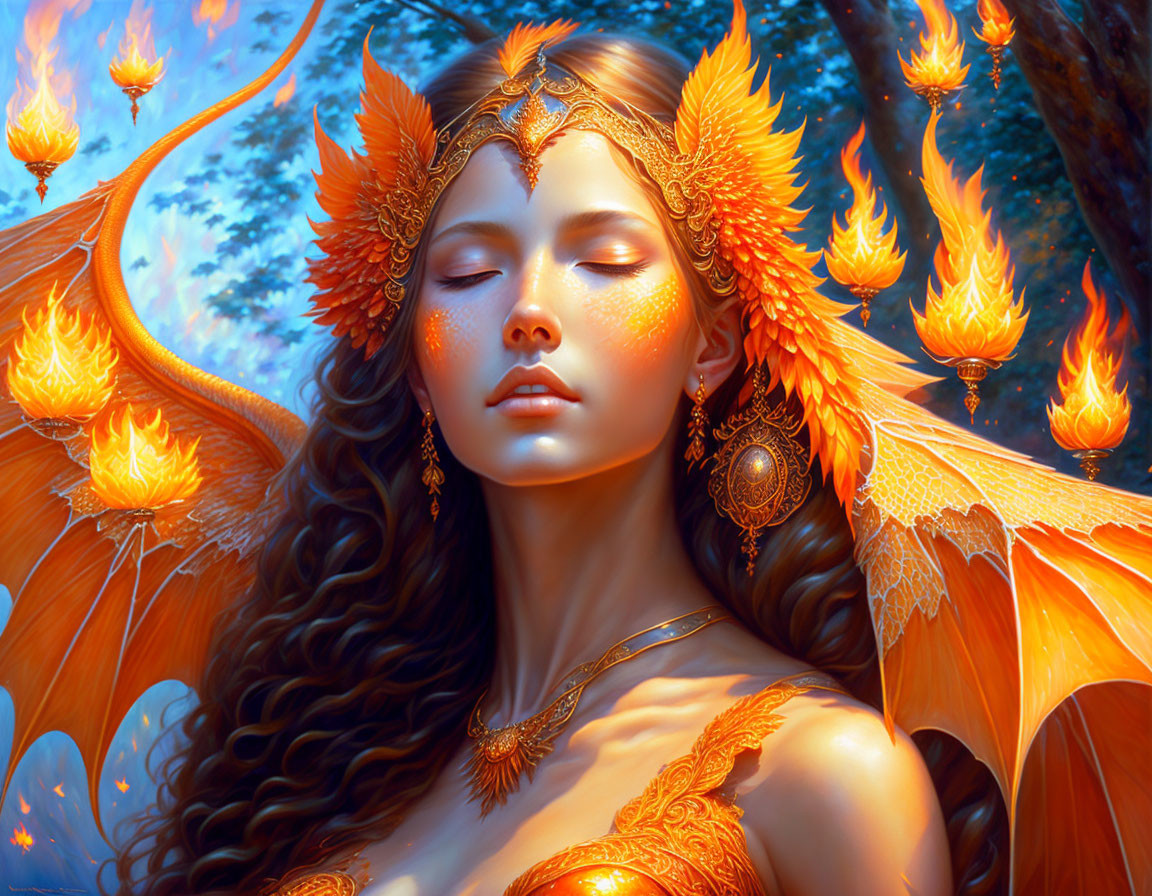 Fantasy artwork: Woman with orange and gold headpiece in enchanted forest