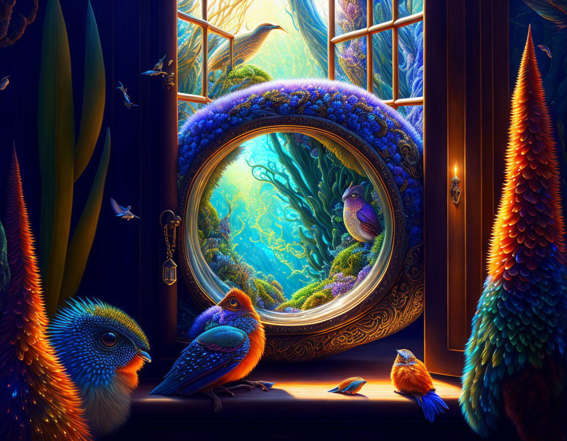 Vibrant birds in a room with round window view