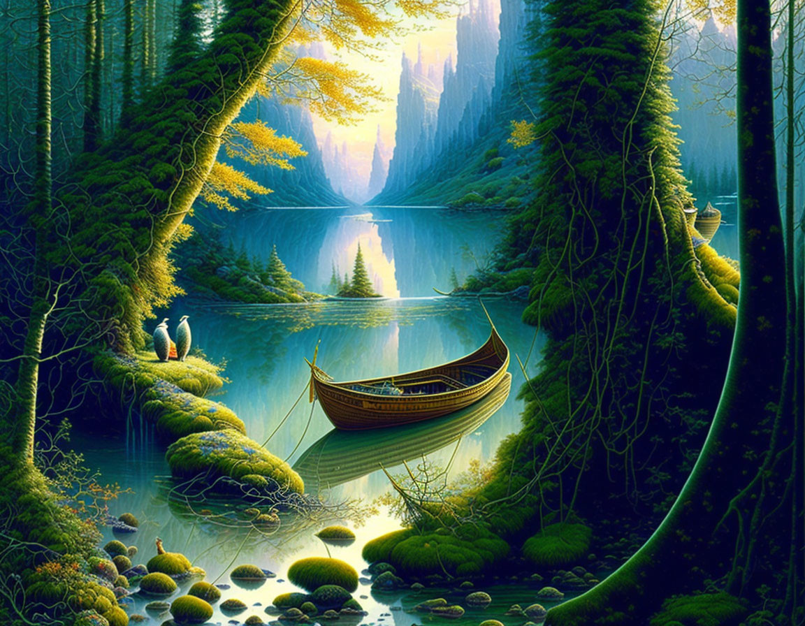 Tranquil forest river scene with wooden boat, swans, and mystical backdrop