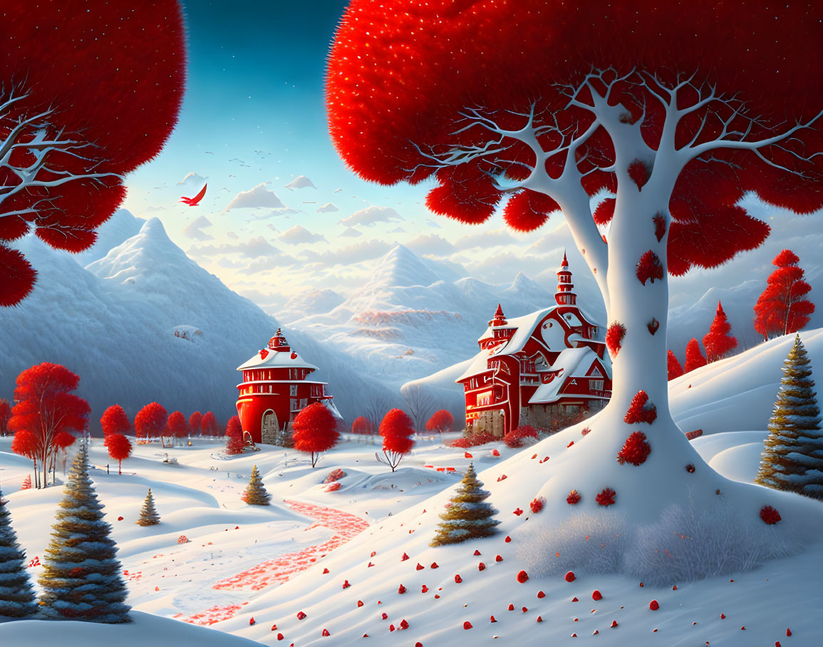 Winter landscape with red-leafed trees, snowy hills, village, mountains, and red sky