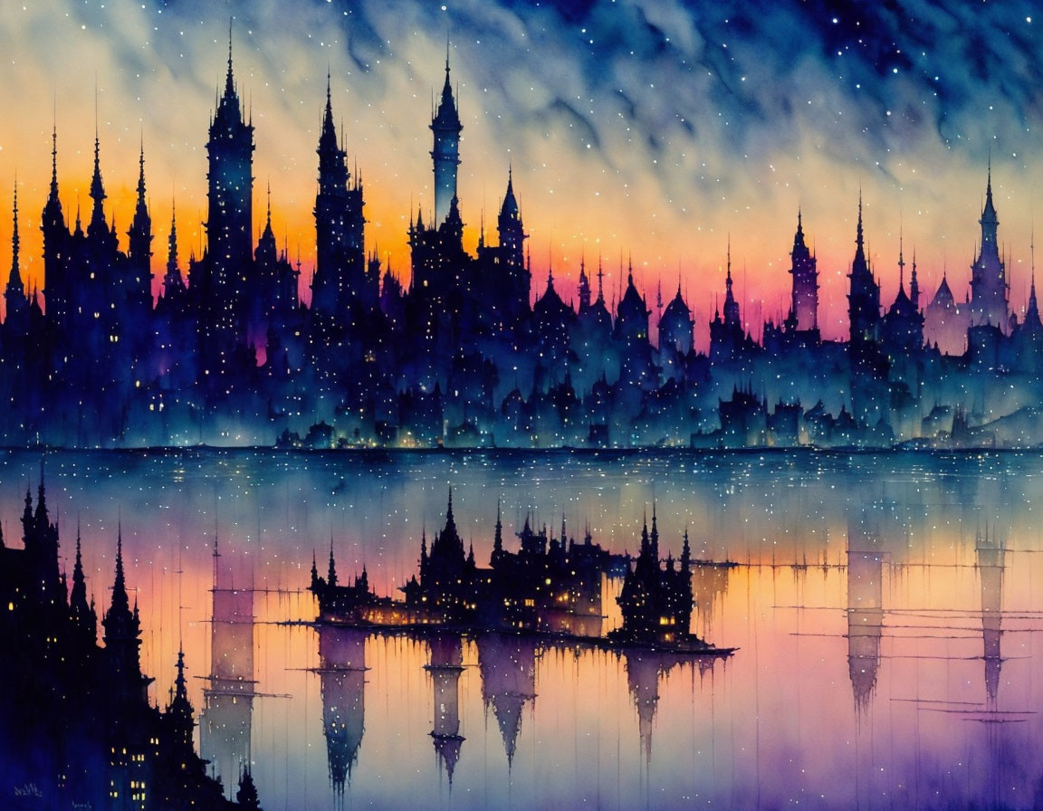 Starry Night Sky Over Silhouetted Fantastical Cityscape