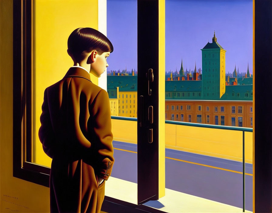 Person gazes at bright yellow cityscape with tower through open window