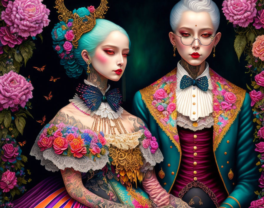 Elaborately dressed, tattooed characters with intricate hairstyles among vibrant flowers on dark background