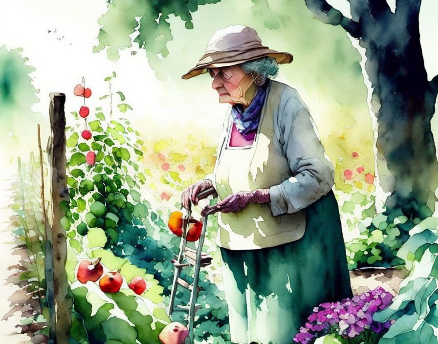 Elderly woman with hat and scarf using walker in vibrant garden scene