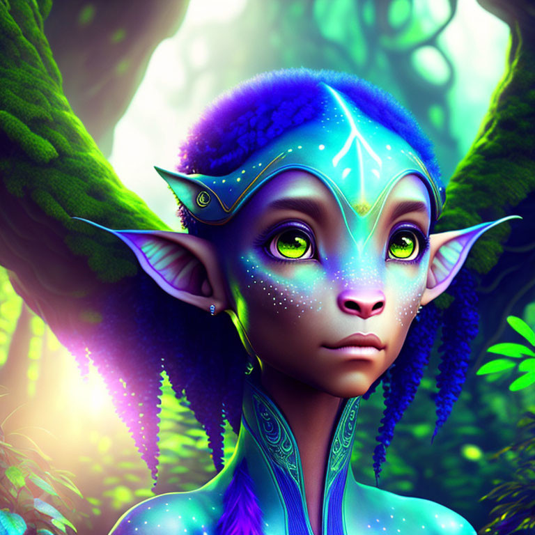 Vibrant illustration of mystical elf with blue skin and glowing green eyes in enchanted forest