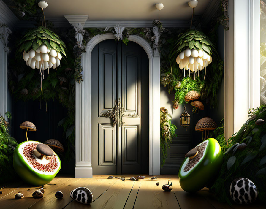 Whimsical Room with Avocado Chairs, Mushroom Lamps, Plants, and Round-Patterned