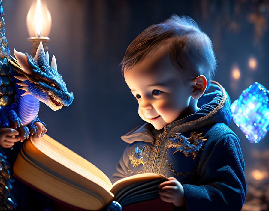 Toddler in Blue Jacket with Blue Dragon and Magical Setting