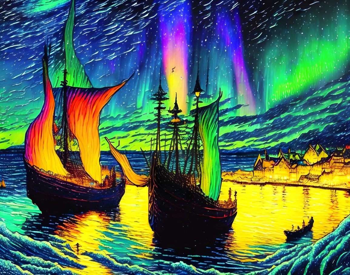 Colorful painting: Three sailing ships on wavy sea, night sky with aurora borealis,