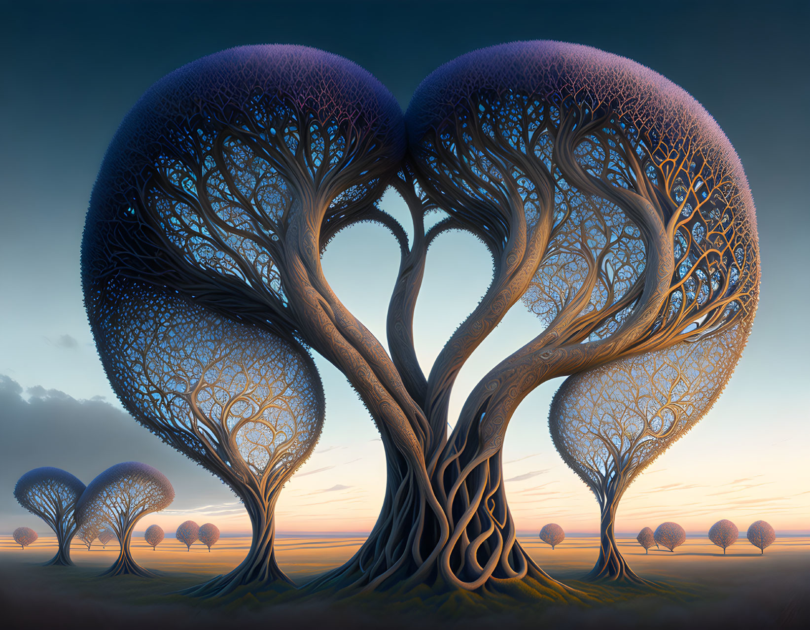 Surreal tree canopies form heart shape in twilight sky