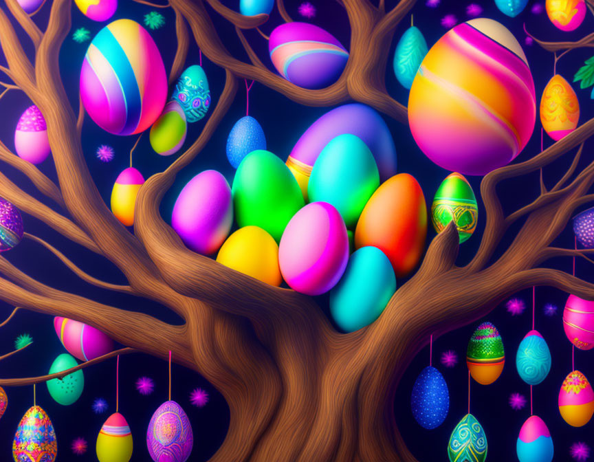 Colorful Easter eggs in tree branches on dark background with neon patterns.