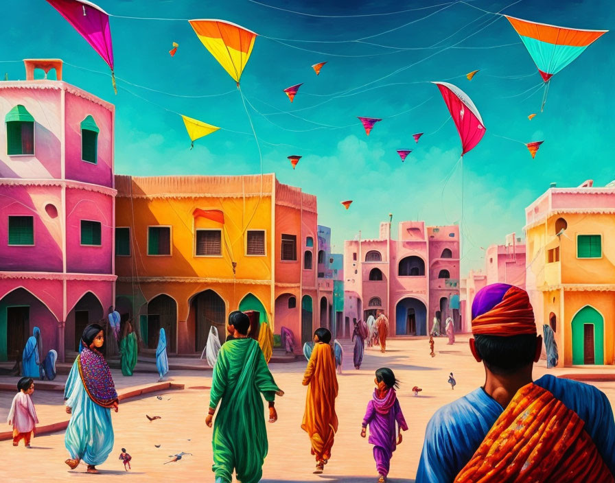 Colorful kites soar over vibrant street scene with traditional attire.