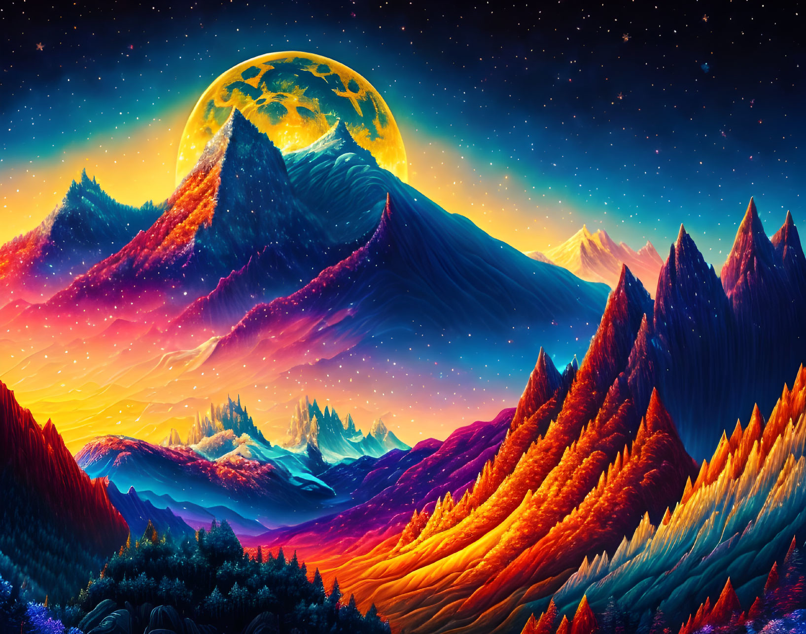 Colorful digital art: forested mountains, starry sky, detailed moon