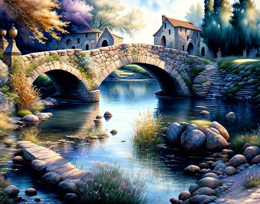 Stone arch bridge over river in serene landscape with cottages and lush vegetation