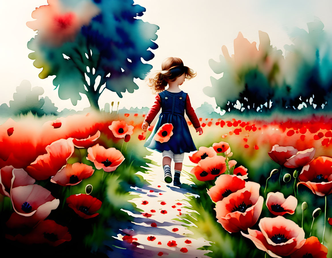 Young girl in denim dress walking through vibrant field of red poppies