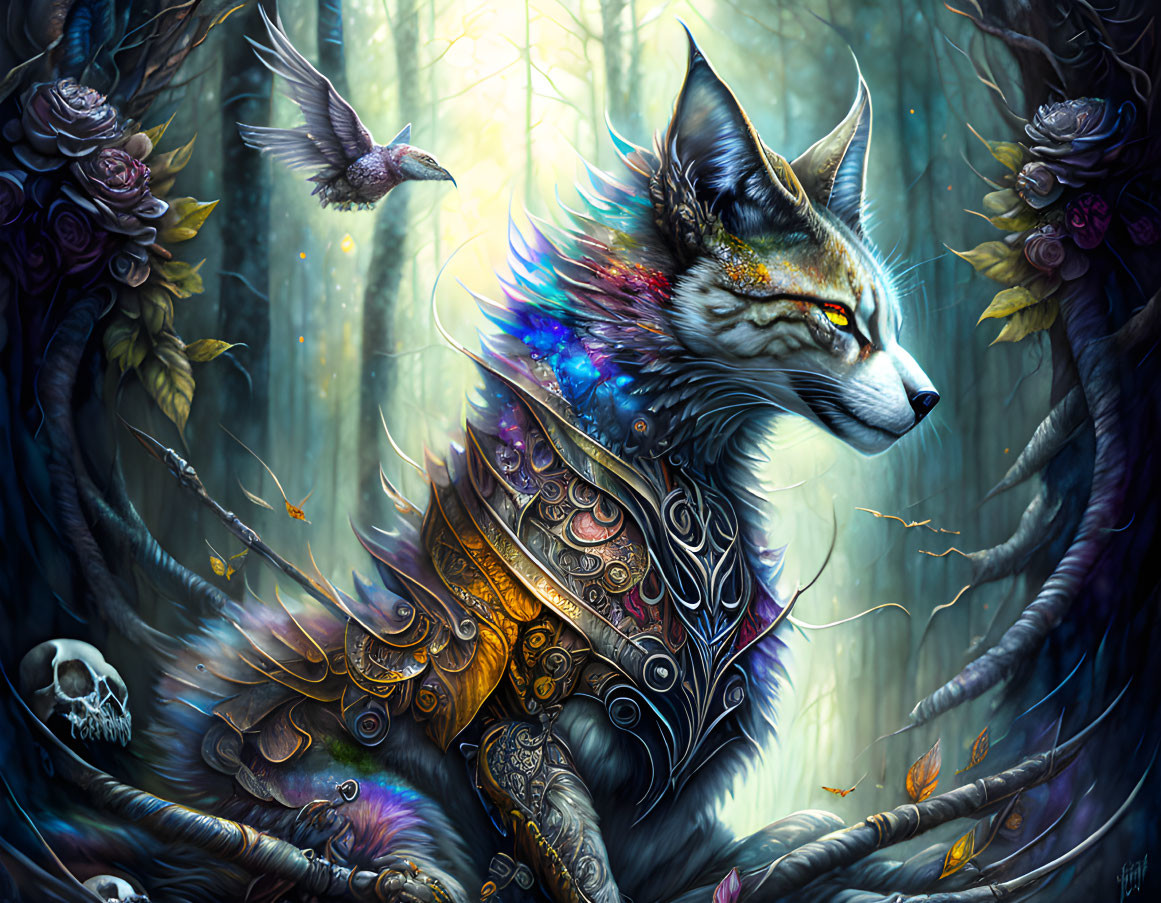 Ethereal armored fox in mystical forest with iridescent feathers, purple flowers, bird, and