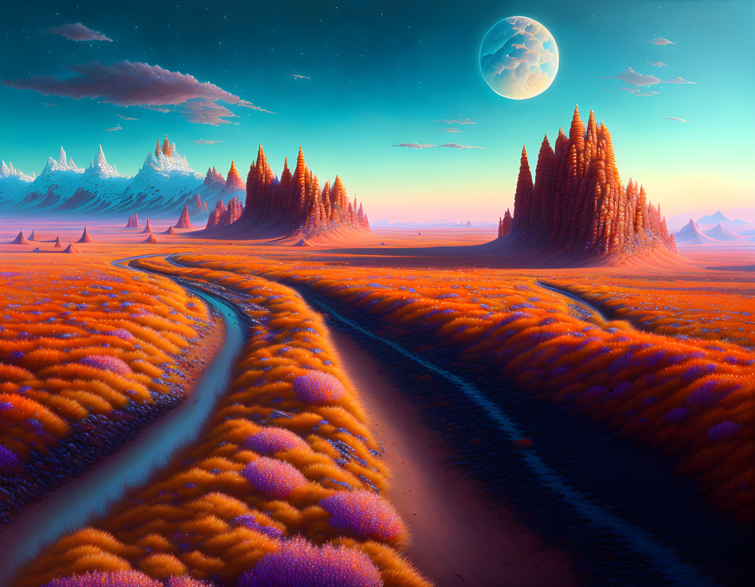 Surreal landscape with orange grass, purple flora, red-tinged trees, and a large