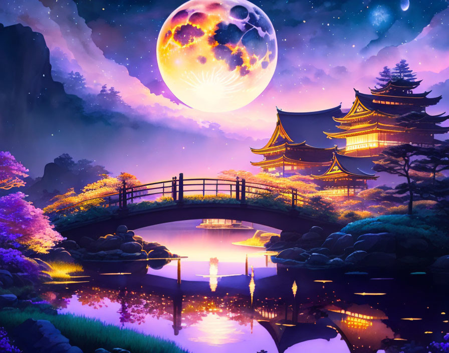 Colorful Asian pagodas, stone bridge, and moonlit pond scene