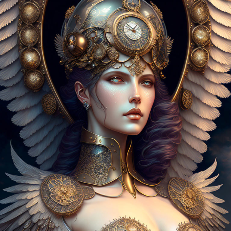 Illustrated female figure with ornate gold headgear, blue eyes, purple hair, and gold shoulder