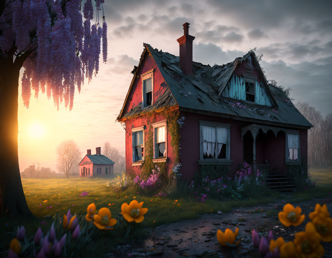 Dilapidated house with damaged roof, blooming flowers, wisteria tree at sunset