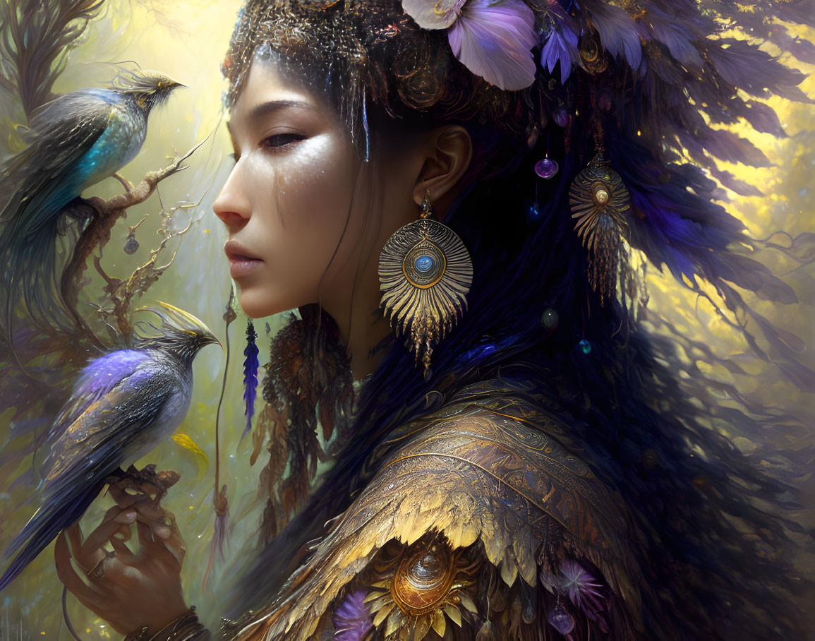 Ethereal woman with golden feathers and bluebirds on amber backdrop