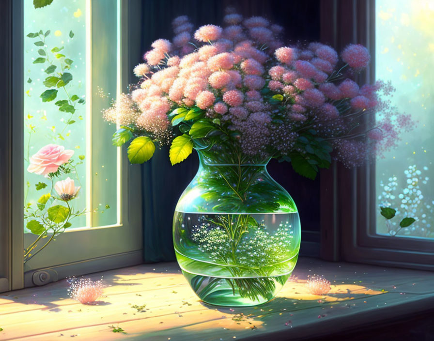 Pink flowers bouquet in clear vase on wooden windowsill with sunlight and scattering leaves and petals.