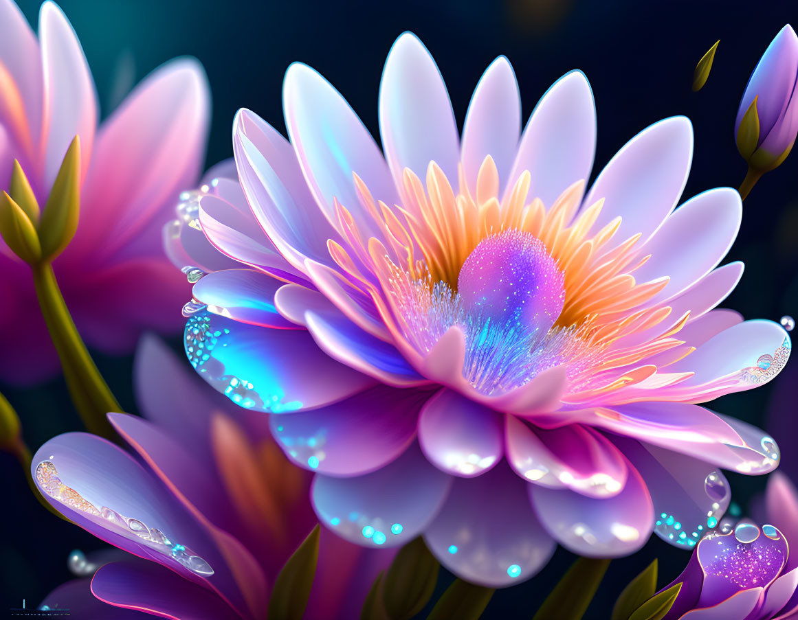 Luminescent flowers with sparkling dewdrops in vibrant digital artwork