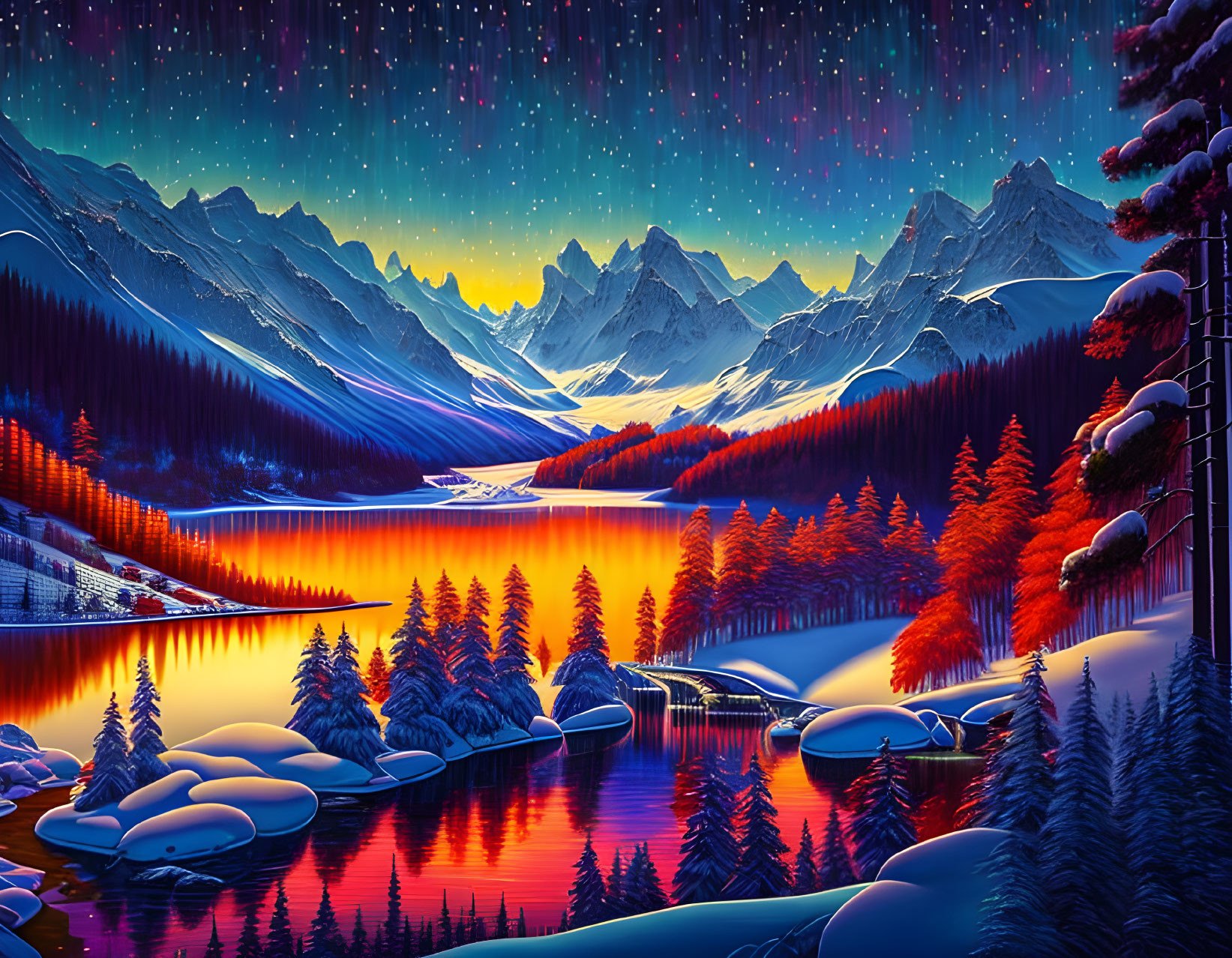 Winter twilight digital art: starry sky, snow-covered landscape, reflective lake, pine trees.