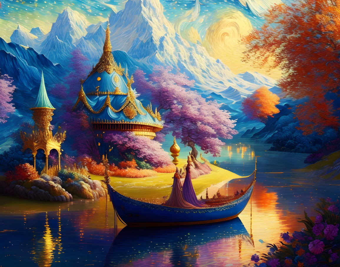 Fantasy landscape with blue gondola, colorful trees, whimsical towers, snowy mountains.