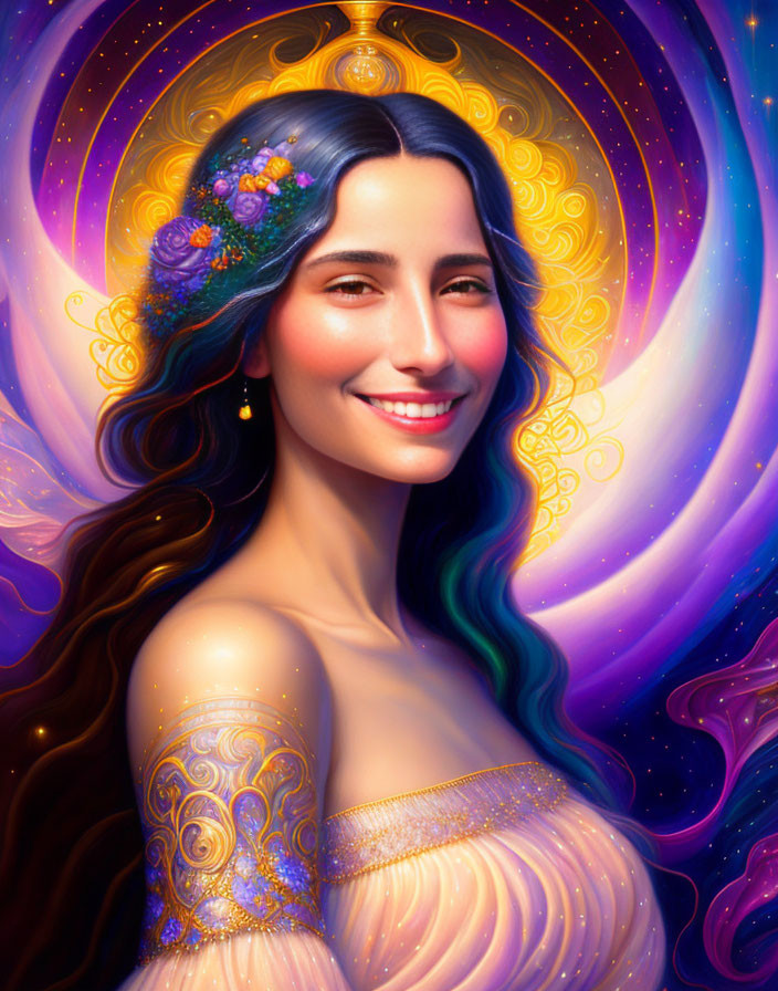 Cosmic-themed digital art portrait of a smiling woman in golden gown