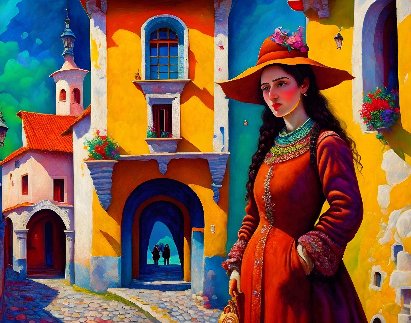 Colorful Renaissance Woman Illustration in Front of Orange Building