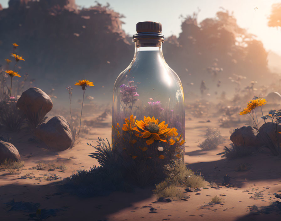 Vibrant yellow flowers in a glass bottle on sandy terrain