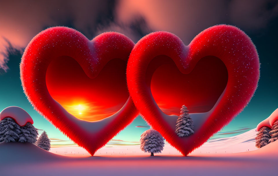 Heart-shaped frames on snowy terrain at sunset.