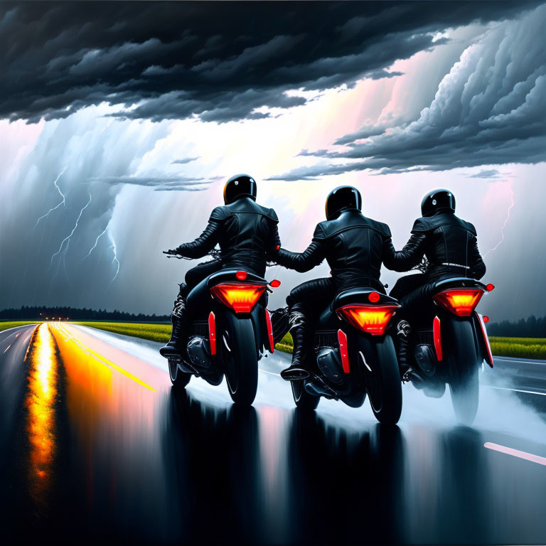 Three motorcyclists in black on wet road under stormy sky with lightning.