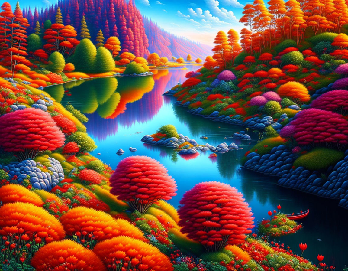 Serene autumnal landscape with vibrant colors and a lake