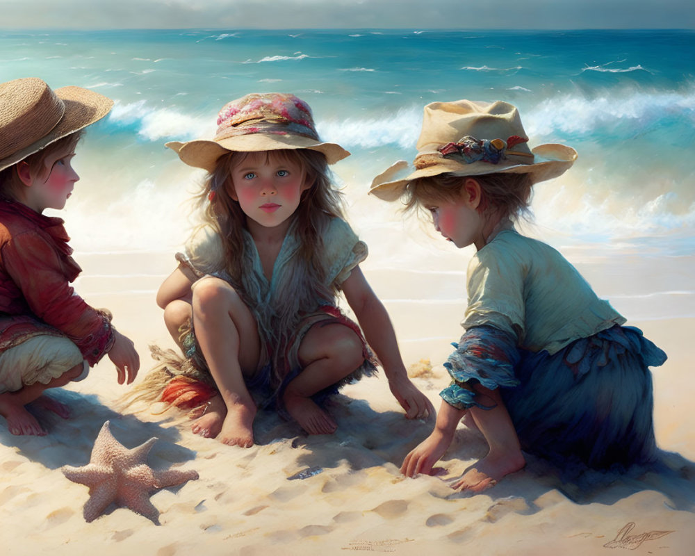 Children in sunhats with starfish on sandy beach under bright sunlight