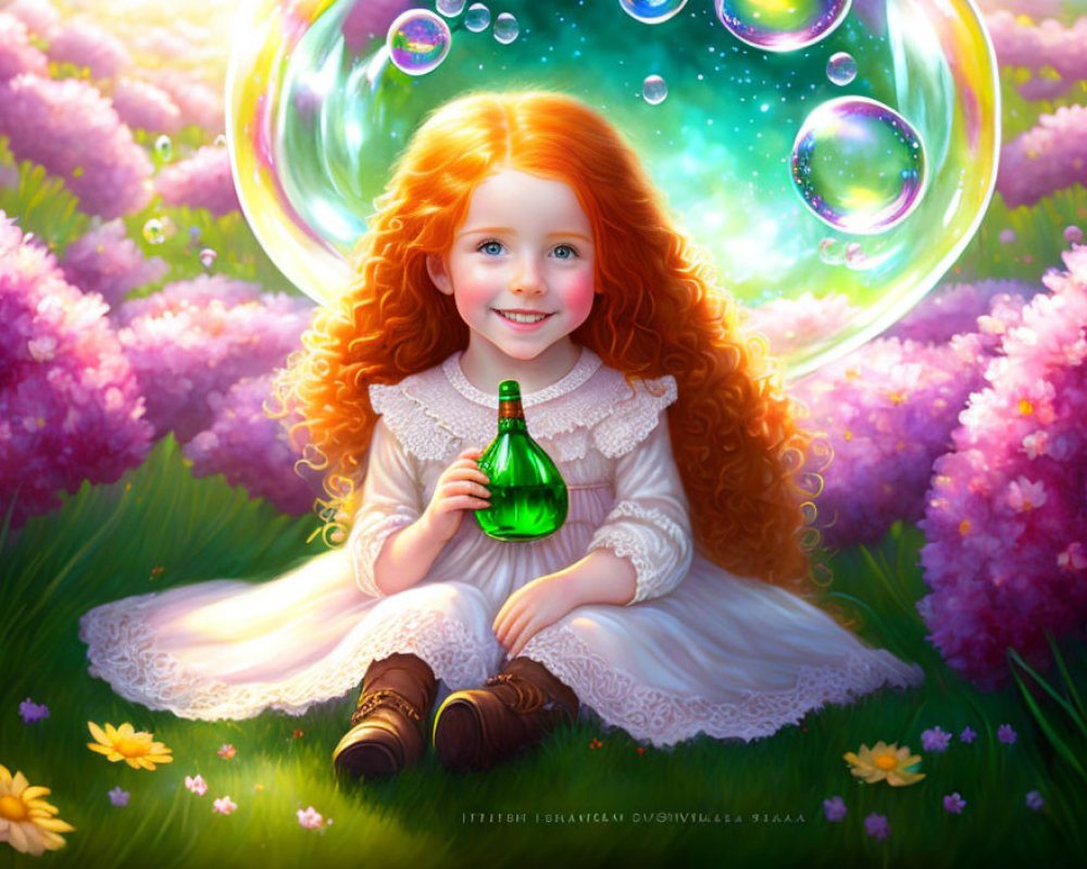 Curly Red-Haired Girl Surrounded by Bubbles and Flowers