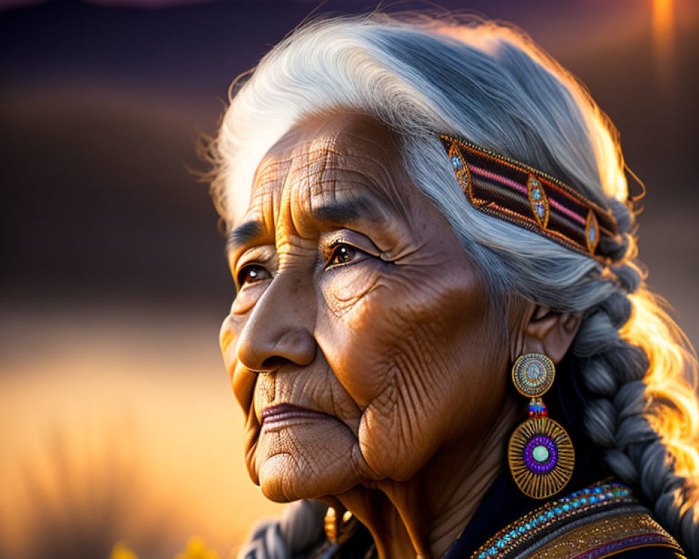 Elderly woman with braided hair in traditional beadwork at sunset