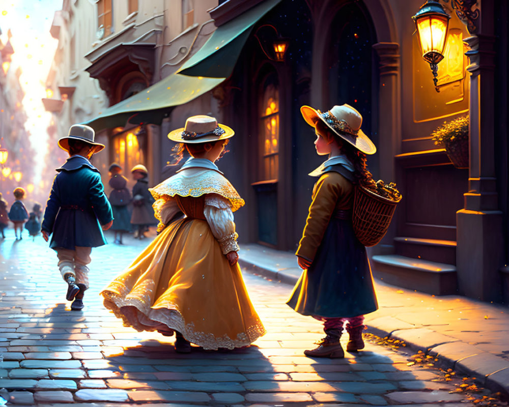 Children in vintage clothing holding hands on cobblestone street under warm sunlight.