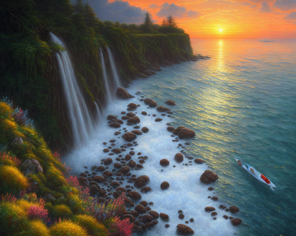 Scenic Sunset Over Ocean with Waterfalls and Boat