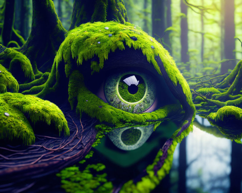 Surreal image: large eye in mossy forest with water reflection