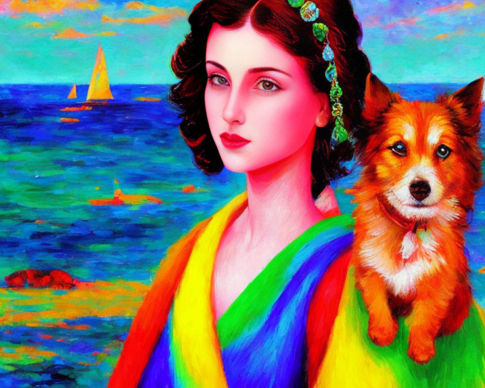 Vibrant painting of woman with dark hair and floral headband with dog by seascape