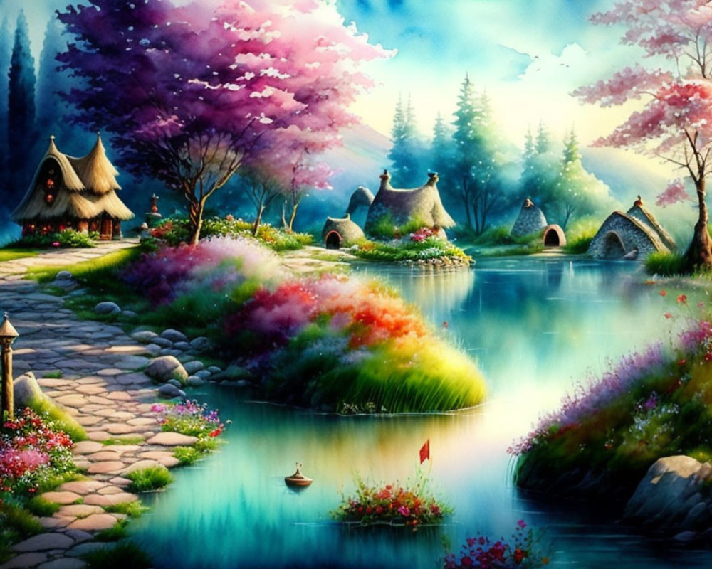 Colorful fantasy landscape with thatched cottages, serene river, lush plants, pink blossomed tree